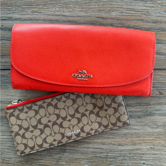 Coach Handbags - Coach Orange Leather Wallet and Brown Signature Pouch Set